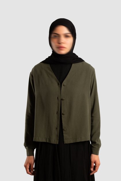 Tencel V-Neck Buttoned Jacket Khaki