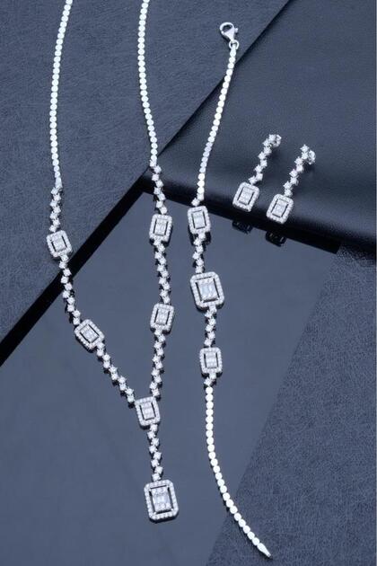 925 Ayar Gümüş Kadın Baget Taşlı Elegant Set