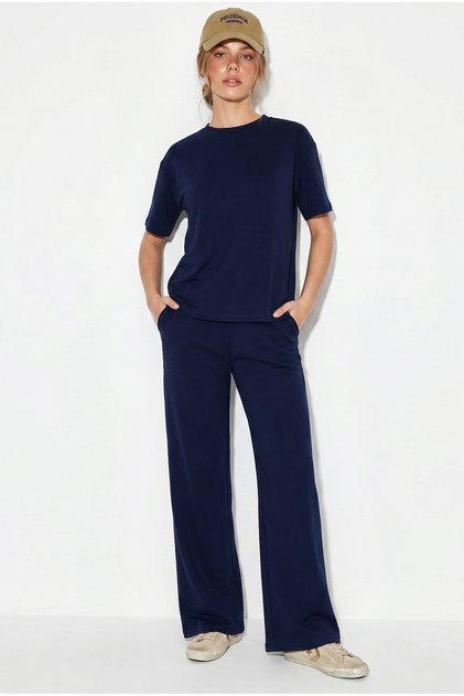 Women's Navy Blue Comfortable Flexible Modal Top and Bottom Set 6126 60283949