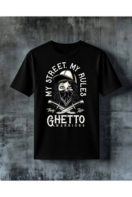 تي شيرت كبير الحجم مطبوع عليه ghetto warriors thug life