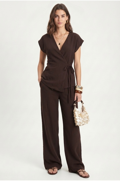 Women's Kelsey Asymmetrical Tie-Up Vest Elastic Waist Trousers Woven Brown Bottom Top Set