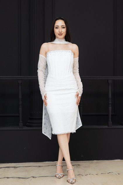 Beaded Strapless Neckline Lace Pencil Dress - White