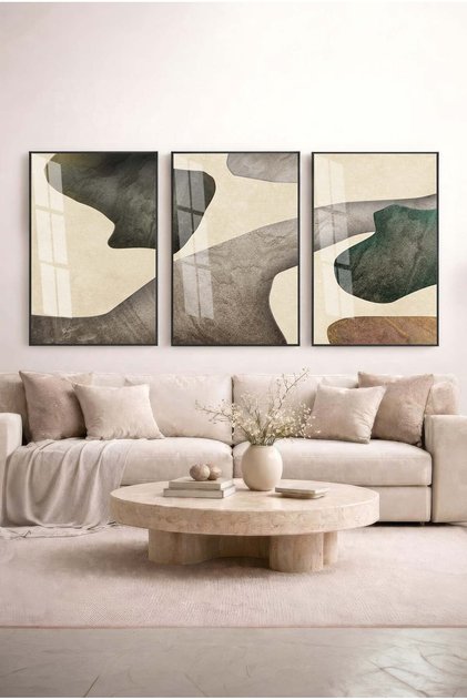 The Song of Nature: Earth and Green Paths 3-Piece Glass Painting Set with Black Metal Frame for Home and Office