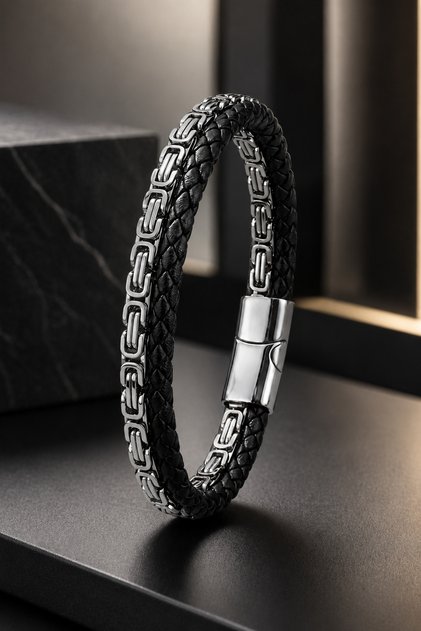 Men's Steel King Model and Leather Bracelet Black Mesh Design Chain Patterned Interlocking Modern Stylish Bracelet