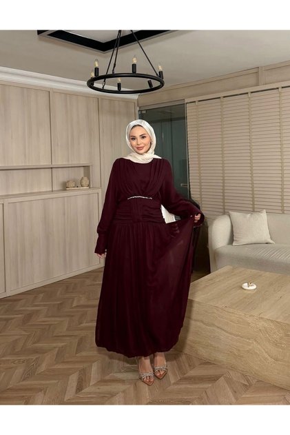 Draped Chiffon Evening Dress - Elegant Design with Stone Belt Detail