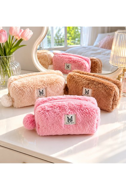 YENİ İTHAL PONPON PELUŞ 3'LÜ MAKYAJ ÇANTASI SETİ