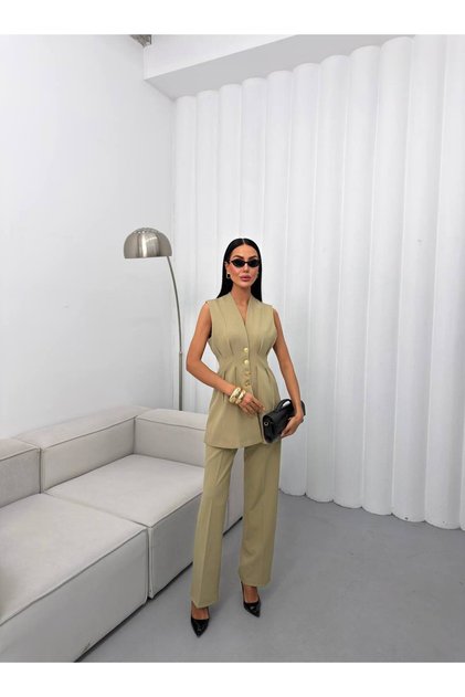 Women's Vest Trouser Suit with Button Detail, Stylish Two-Piece Suit, Office Combination