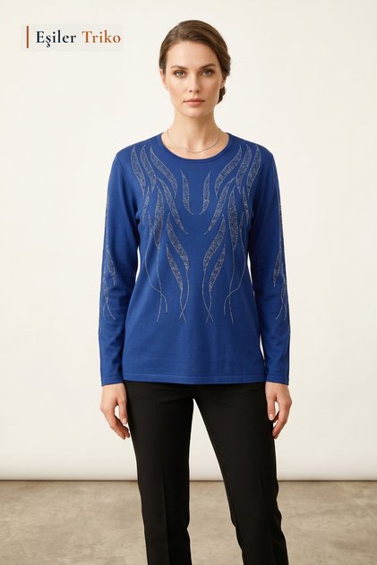 Women's Parliament Willow Leaf Patterned Blouse with Stones on the Chest and Sleeves, Mother Combed Cotton Blouse