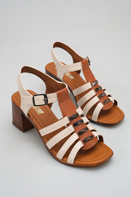 Double Color Metal Detailed Thick Heeled 6 cm Stylish Women's Daily Sandals Shoes