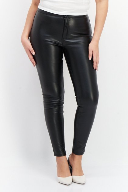 Women Skinny Fit High Rise Solid Leather Pants, Black