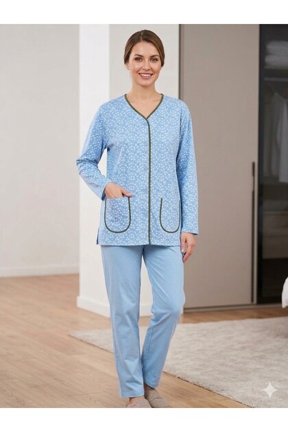 100% Cotton Floral Patterned Large Size Long Sleeve Buttoned Mother-Daughter Pajama Set