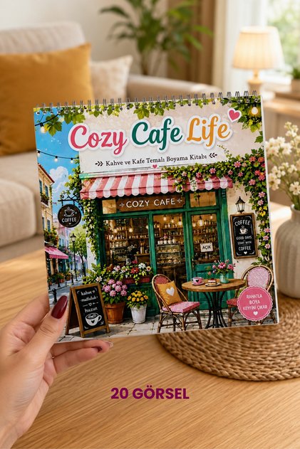 Cozy Cafe Life Boyama Kitabı/Yetişkinler İçin Rahatlatıcı Kafe Temalı Boyama Kitabı/Stres Azaltıcı/21x21 CM