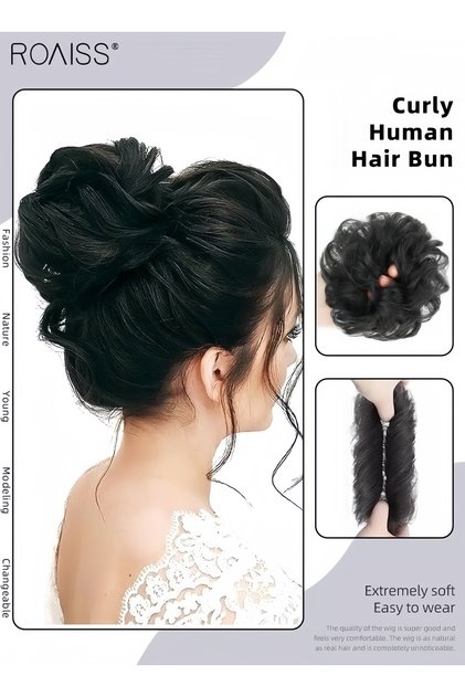 Curly Human Hair Bun Real Updo Hairpiece Stretchy Scrunchie Elegant Chignon with Elastic Band Hair Accessory for Women 1PC Natural Black