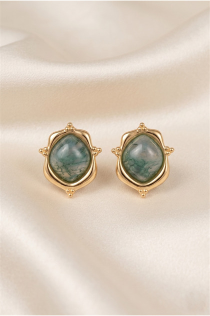 Green Marble Patterned Faceted Stone Gold Color Framed Elegant Nail Earrings