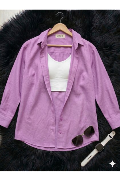 Women's Oversize Cut Woven Linen Long Sleeve Lilac Shirt 100% Cotton