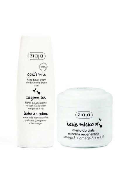 Pachet Unt de corp cu lapte de capra, 200 ml + Crema pentru maini cu lapte de capra, 80 ml