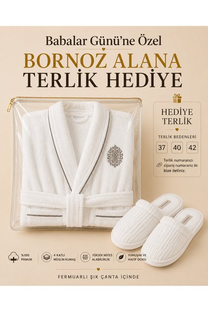 Tiara Babalar Günü Terlik Hediyeli %100 Pamuk Şal Yaka Nakışlı Bornoz 360 g/m² Micro Touch Yumuşak Dokulu Premium