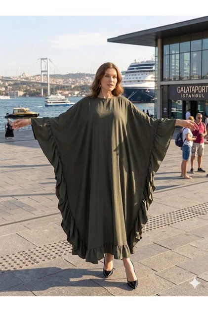 yanlar komple fırfırlı geniş kesim 40-56 beden giyilebilen salaş ferace elbise