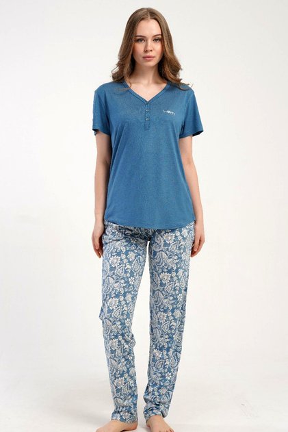 Women's Short-Sleeved Half-Button Blue Pajama Set Relaxed Cut Summer Home Wear C6T7N2215