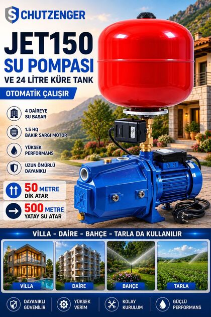 JET150 MAVİ SU HİDRAFORU BASINÇLI SU POMPASI 24 LİTRE TANK OTOMATİK 1.5 Hp 500 mt YATAY SU ATAR İKİLİ SET