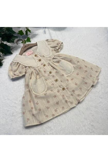 Girl's Lace Collared Shirt Dress - Cream