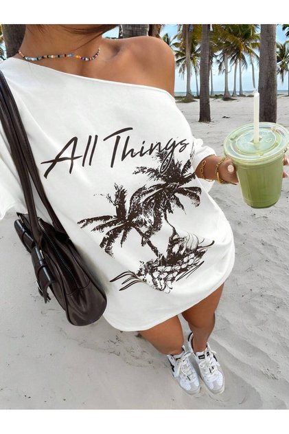 Women's All Things Printed Boat Neck Off Shoulder 100% Cotton T-Shirt