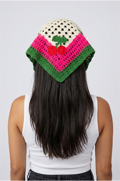 Pink Cherry Patterned Knitted Bandana