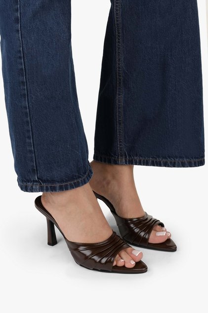 Women's Melisse Brown Leather Front Gathered Heeled Slippers