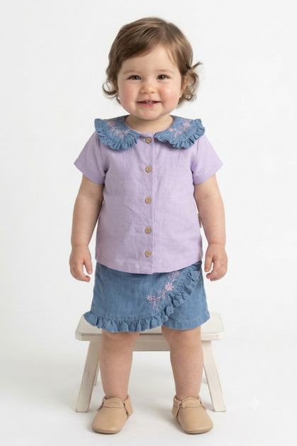 Floral Embroidered Shirt Denim Skirt Summer 2-Piece Set
