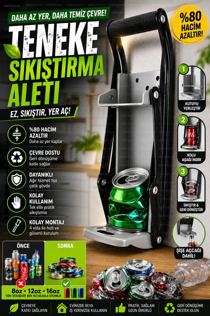 Metal Teneke Kutu Ezici ve Plastik Şişe Sıkıştırma Aleti | Duvara Monte Geri Dönüşüm Presi | Şişe Açacaklı | 8-12-16 Oz Uyumlu