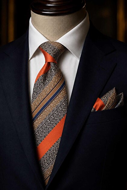 Gold Orange Line Pattern Classic Tie with Handkerchief Kk13709