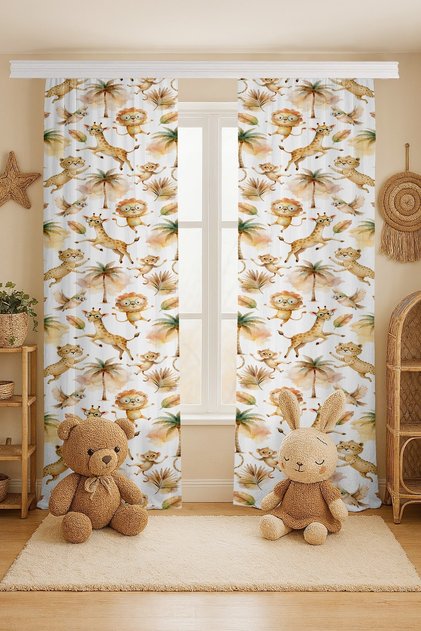 Safari Friends Patterned Children's Baby Room Background Curtain (Single Wing Pricing)