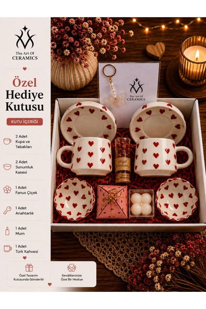 Kalp Desenli 2'li Kupa Takımı Çay Kahve Seti