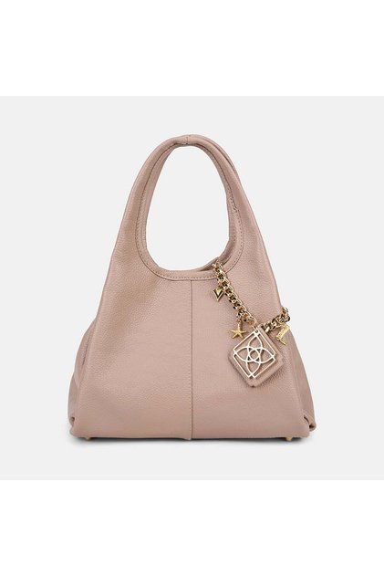 Women's Beige Leather Handbag with Charm Accessories