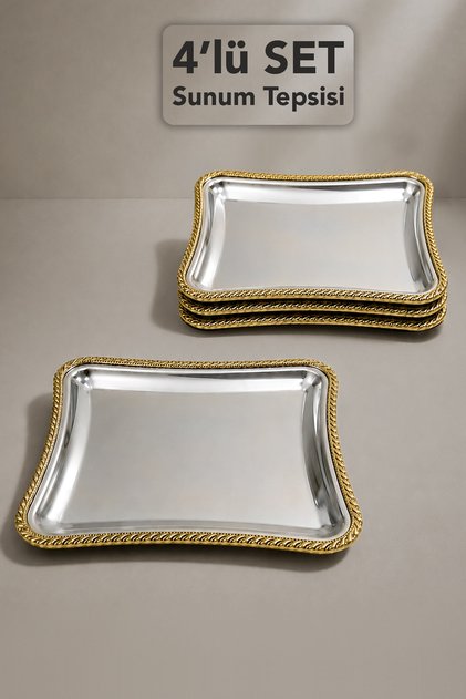 4-Piece Spike Patterned Tray - Stainless Steel Coffee and Catering Serving Presentation Tray with Gold Frame
