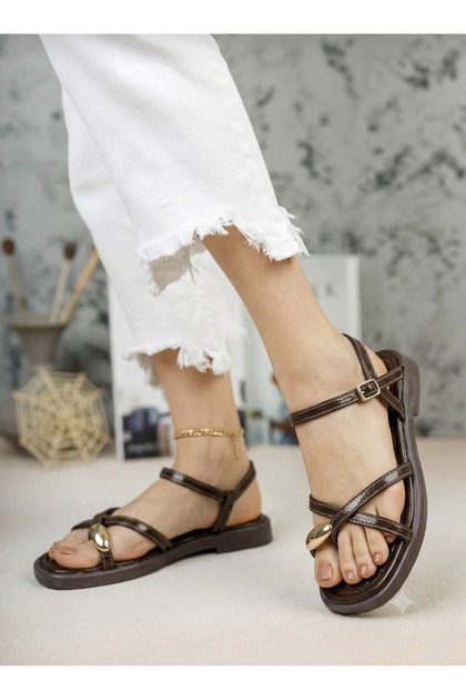 Brown Flip-Flop Thermo Non-Slip Sole Gold Stone Detailed Ankle Support Women's Sandals