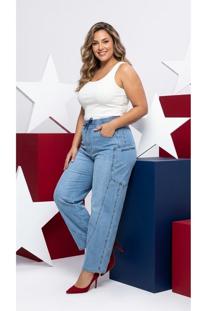 Plus Size Elastic Waist Pocketed Lycra Denim Mom Cut Women's Trousers