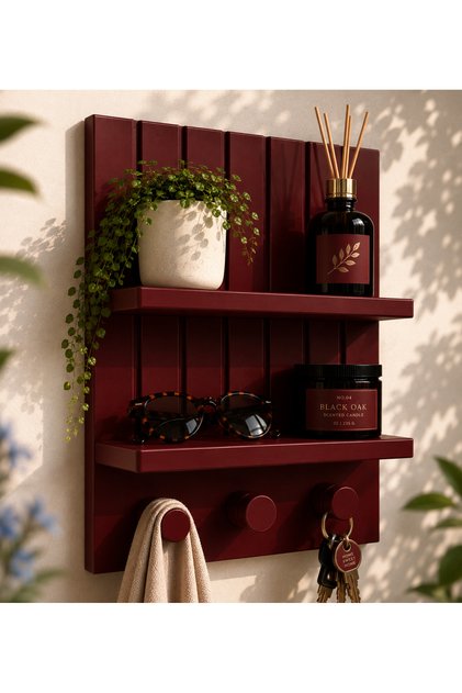 Dekoratif Duvar Rafı ve Anahtarlık Askılığı – Modern Giriş Organizeri – Çok Amaçlı Duvar Rafı – 24 × 22 × 9 cm