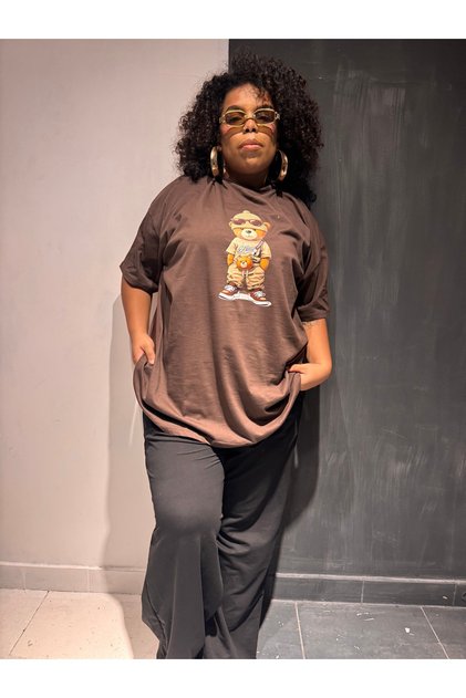 Women's Plus Size Teddy Bear Patterned Brown T-Shirt Crew Neck 100% Cotton