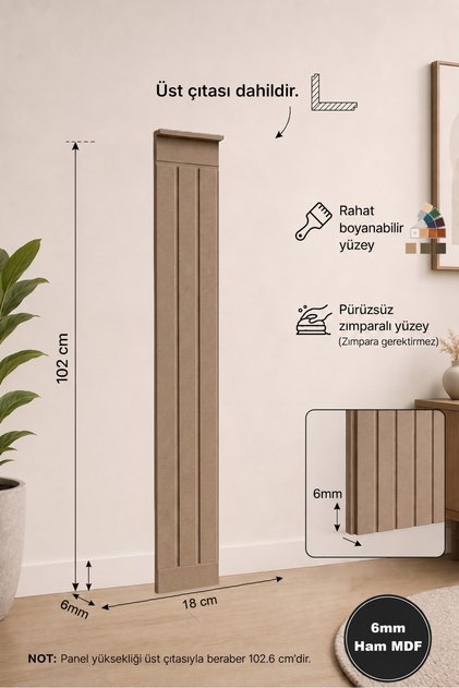Çizgili Lambiri Görünümlü Boyanabilir Duvar Paneli 6mm Ham MDF (18x102 cm)