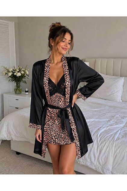 Leopard Elegance Satin Nightgown & Robe Set