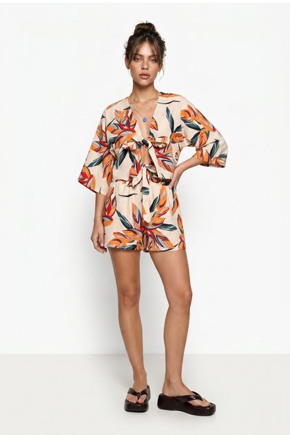Patterned Summer Crop Linen Shorts Set Lje0005 Orange Stone