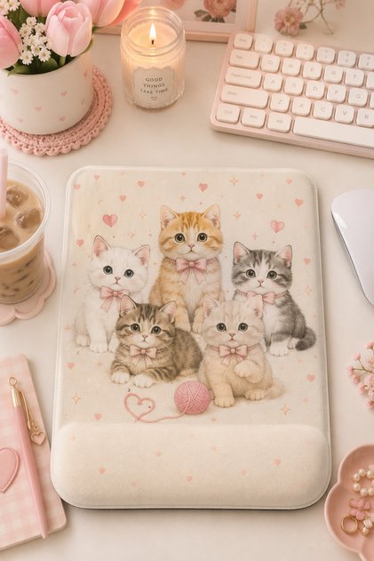 Sevimli Kediler Desenli Bilek Destekli Mousepad – Girly Ergonomik Kedi Mouse Pad