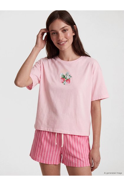 Lcw Dream Pink Strawberry Printed Women's Shorts Pajamas Suit