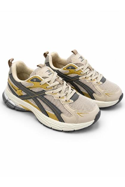 Bewild Erkek Krem Bej Retro Runner Spor Ayakkabı Hardal Sarı Detaylı Kalın Taban Koşu Yürüyü