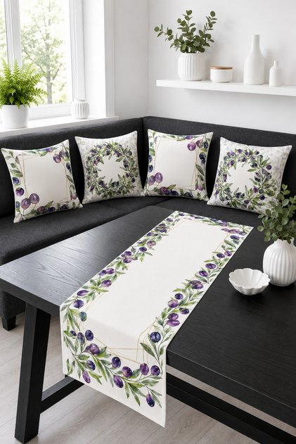 Purple Olive Patterned Runner and Set of 4 Throw Pillow Covers Natural Decorative Pillow