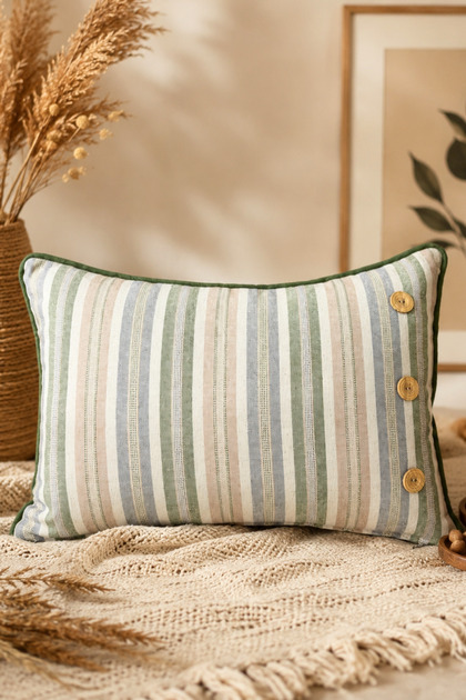 30X50 Striped Linen Throw Pillow – Decorative Pillow with Wooden Button Detail, Silicone Filling - Bohemian Pillow