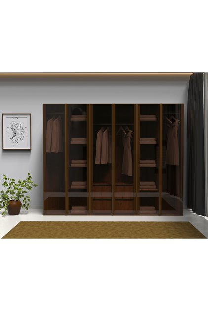 Bronz Şeffaf Camlı 6 Kapaklı Gardrop Ful MDF