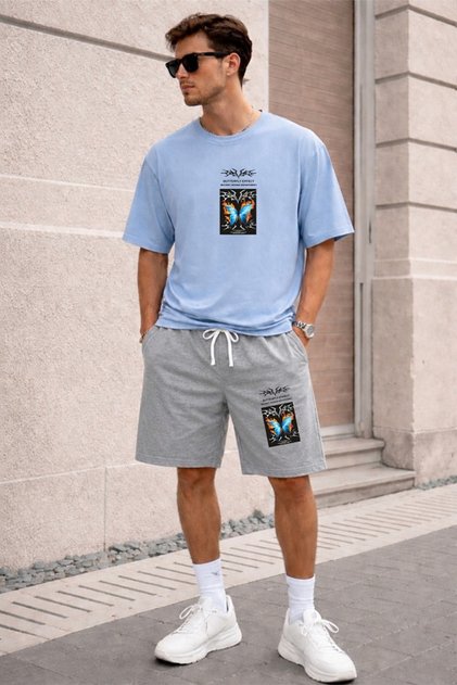 Unisex Oversize Printed T-Shirt Gray Shorts 2-Piece Set Cotton Comfortable Cut Casual Sports Combination Kelebek