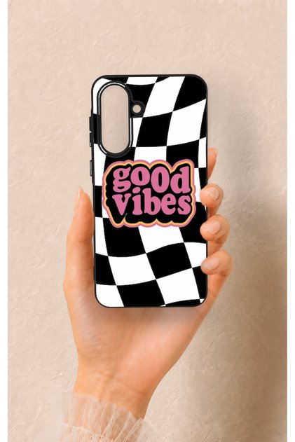 Samsung A56 Compatible Black Good Vibes Patterned Silicone Case